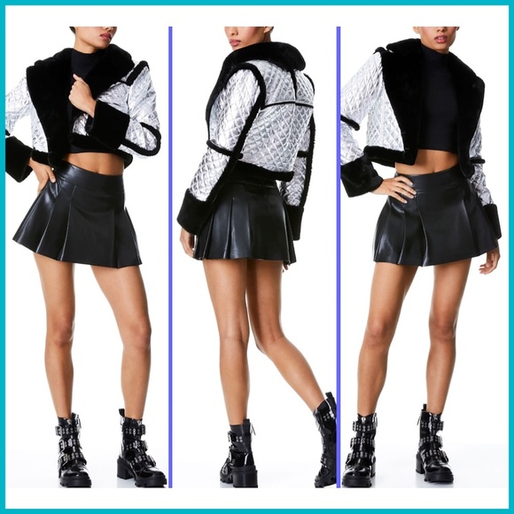 Alice + Olivia Luisana Vegan Leather Quilted Metallic Fur Combo Jacket Coat - Picture 6 of 17